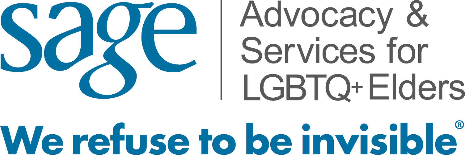 SAGE Logo with subheading that reads Advocacy and Services for LGBTQ+ Elders with the quote We Refuse to Be Invisible below
